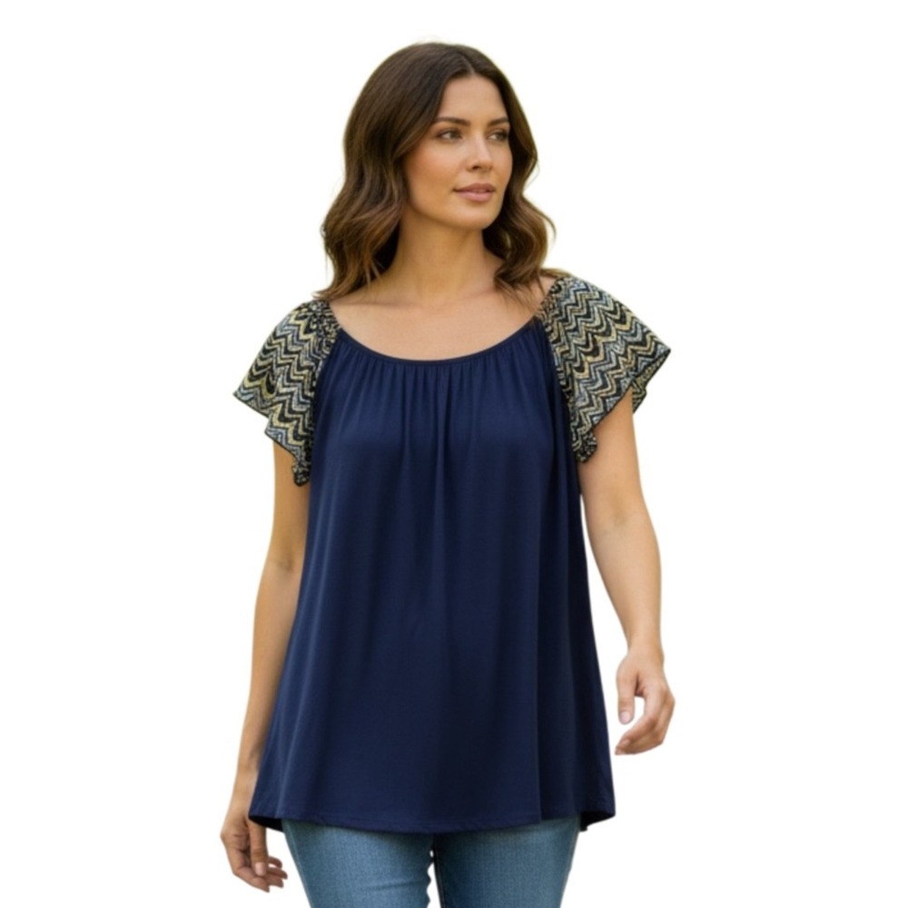 Kim & Cami Knit Jersey Top, Crochet Short Sleeve, Color Blue, Sz. Medium